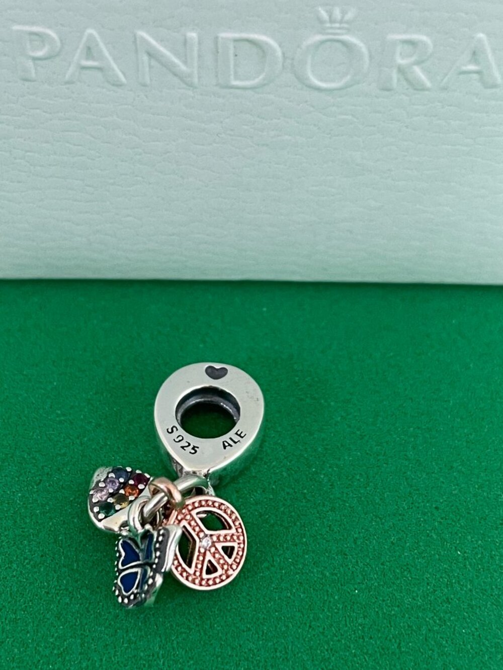 Authentic Pandora Two-Tone Rainbow Heart, Butterfly & Peace Triple Dangle Charm